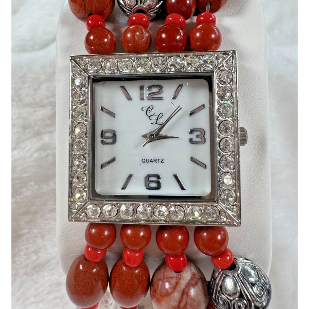 Chunky Boho Beaded Bracelet Watch Colleen Lopez Crystal Bezel Red Jasper Quartz - Picture 2 of 15